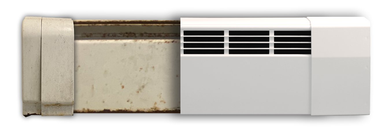 Old rusted baseboard cover replaced with new Revital/Line aluminum cover — before and after